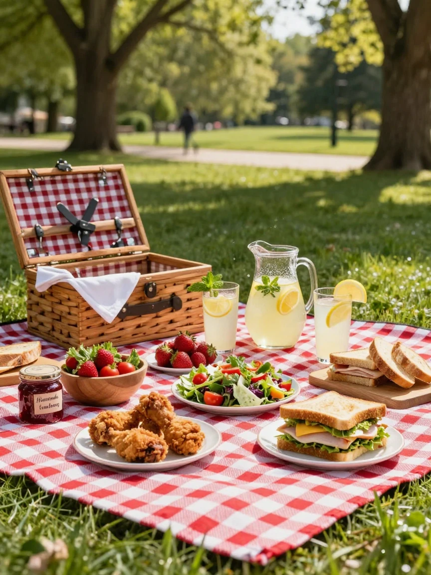 A picnic spread out on a checkered blanket in a park