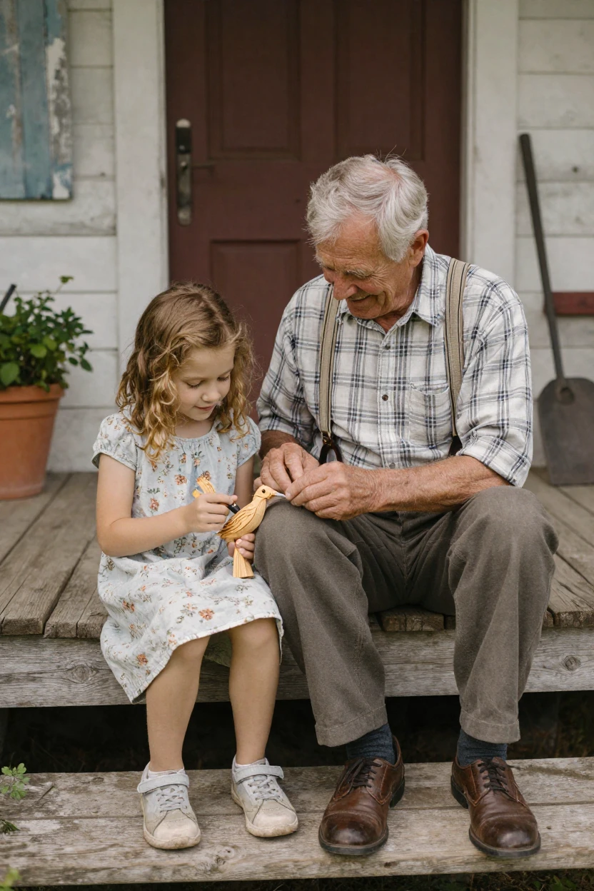 An old man in suspenders teaches his great-granddaughter to whittle a small wooden bird on farmhouse steps.