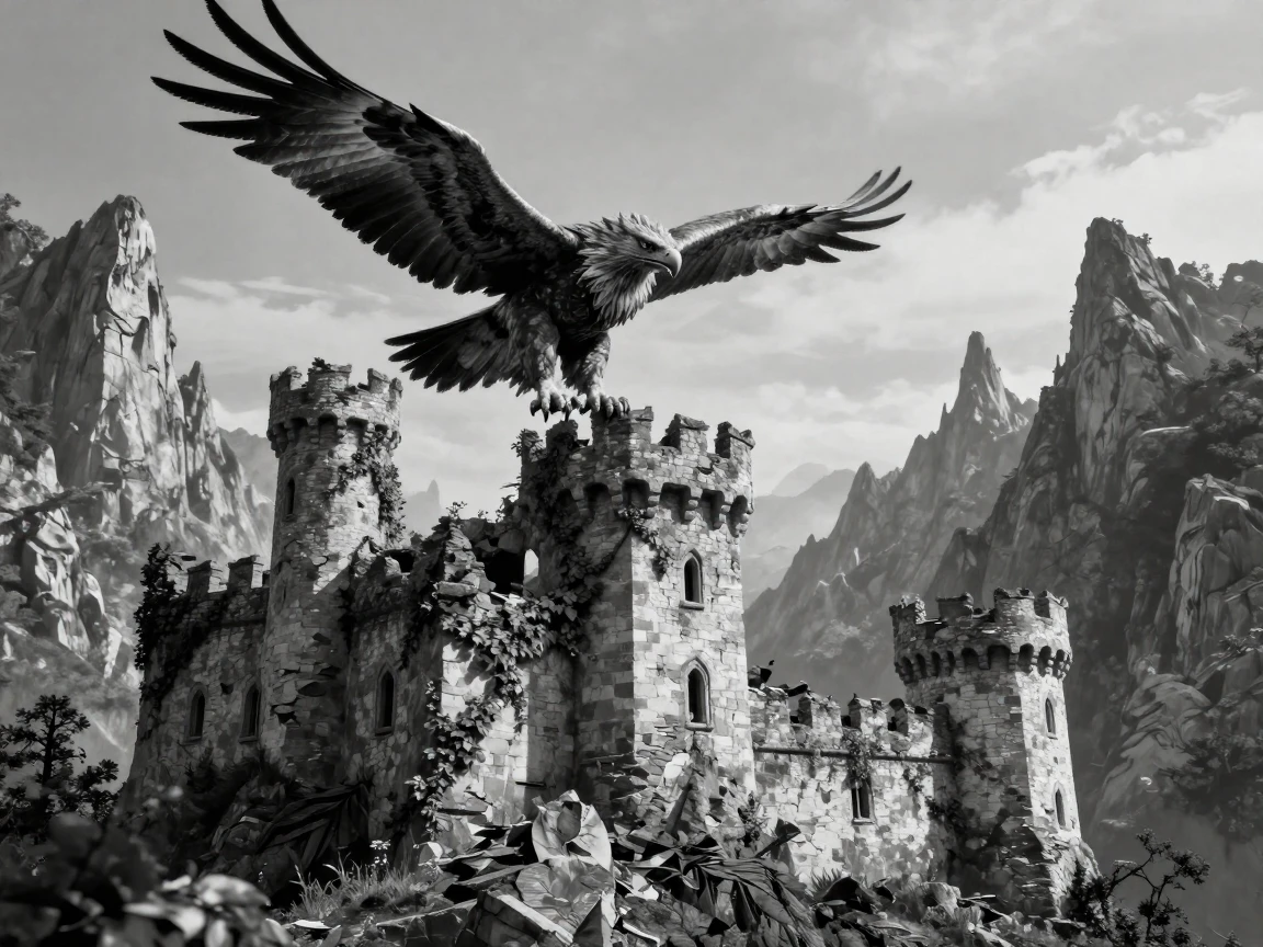 A mythical griffin soars above a crumbling ancient castle above jagged mountain spires.