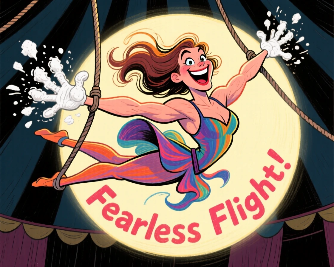A trapeze artist swinging mid-air, chalk on her hands, spotlight following her.