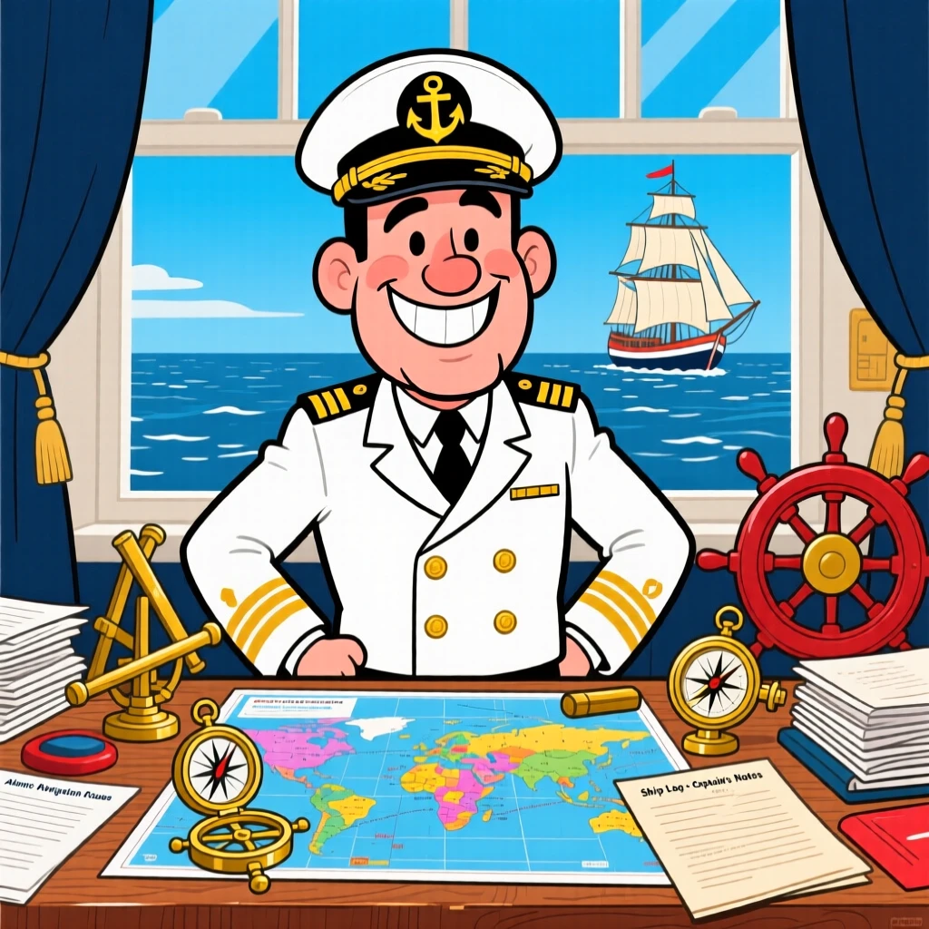 A vibrant profession-themed portrait of a proud ship captain pausing to pose confidently for the camera, surrounded by charts, gadgets, and paperwork.