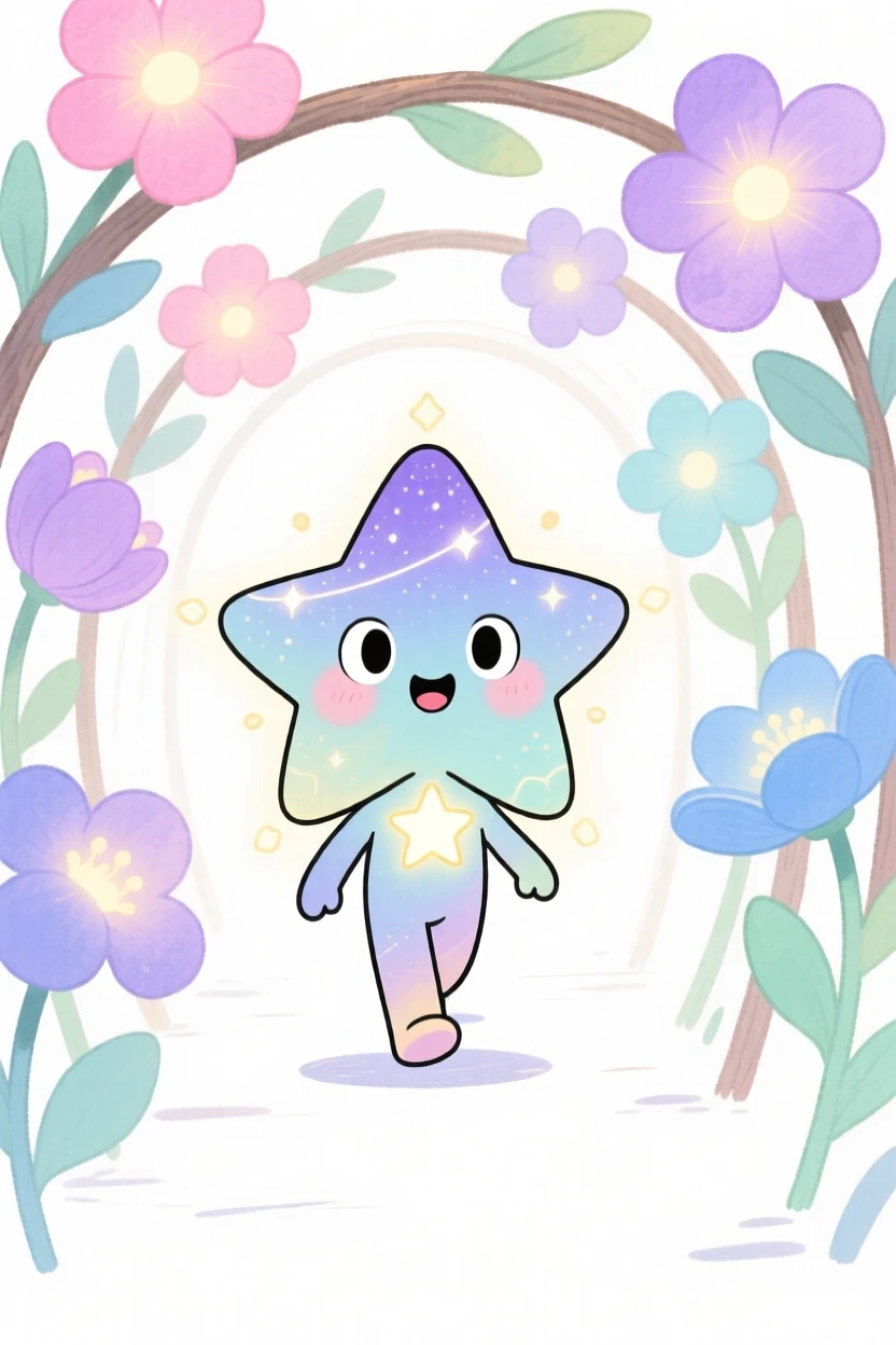 A cosmic star-spirit walking through a tunnel of blooming glowing flowers