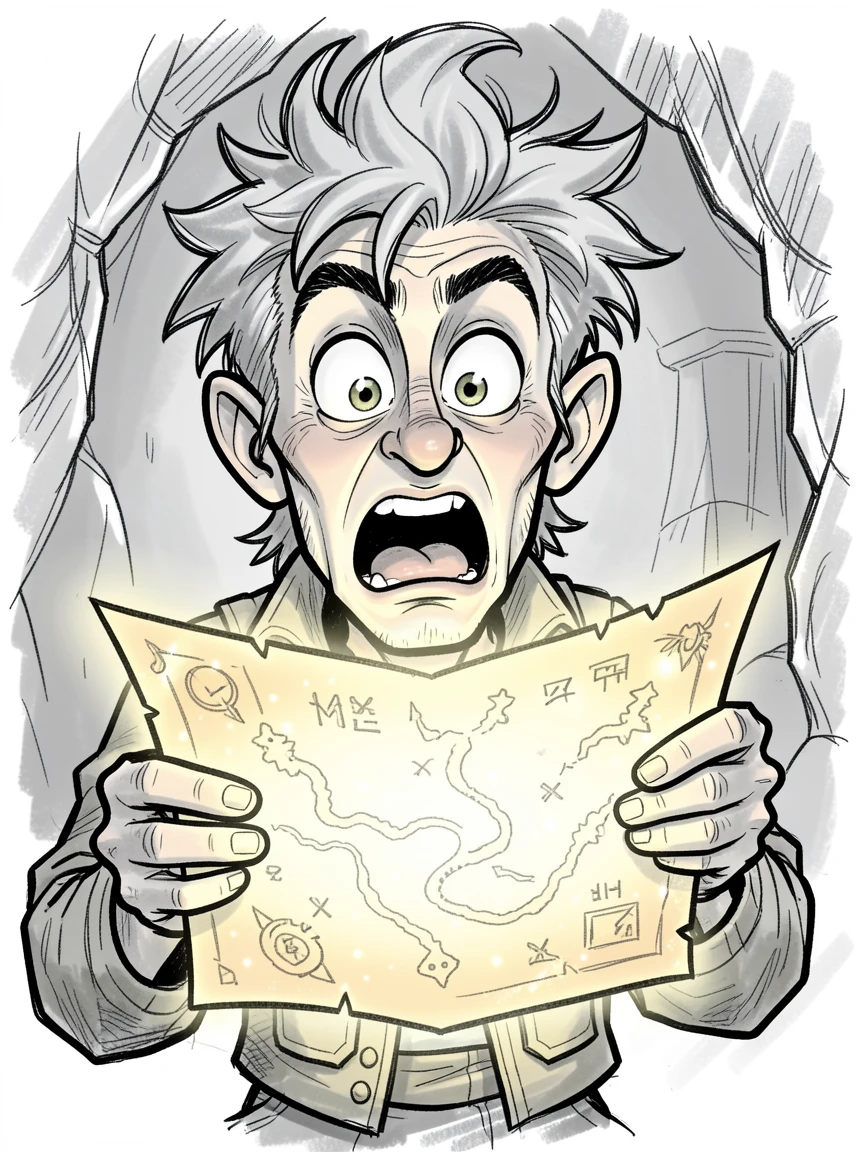 [Fantasy & Imaginative Scenarios] Imaginative fantasy scene of a brave adventurer opening an ancient glowing treasure map, brimming with wonder