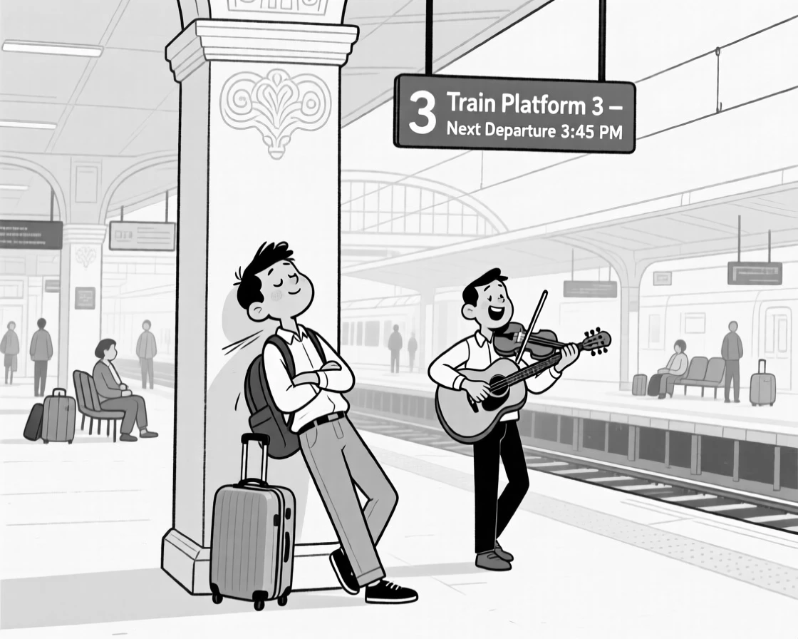 A traveler napping upright against an airport pillar, leaning at an awkward angle trying to fit the whole monument in frame, set at a bustling train station platform. A street musician plays gently in the background. It's a joyful tribute to the thrill of travel and discovery.