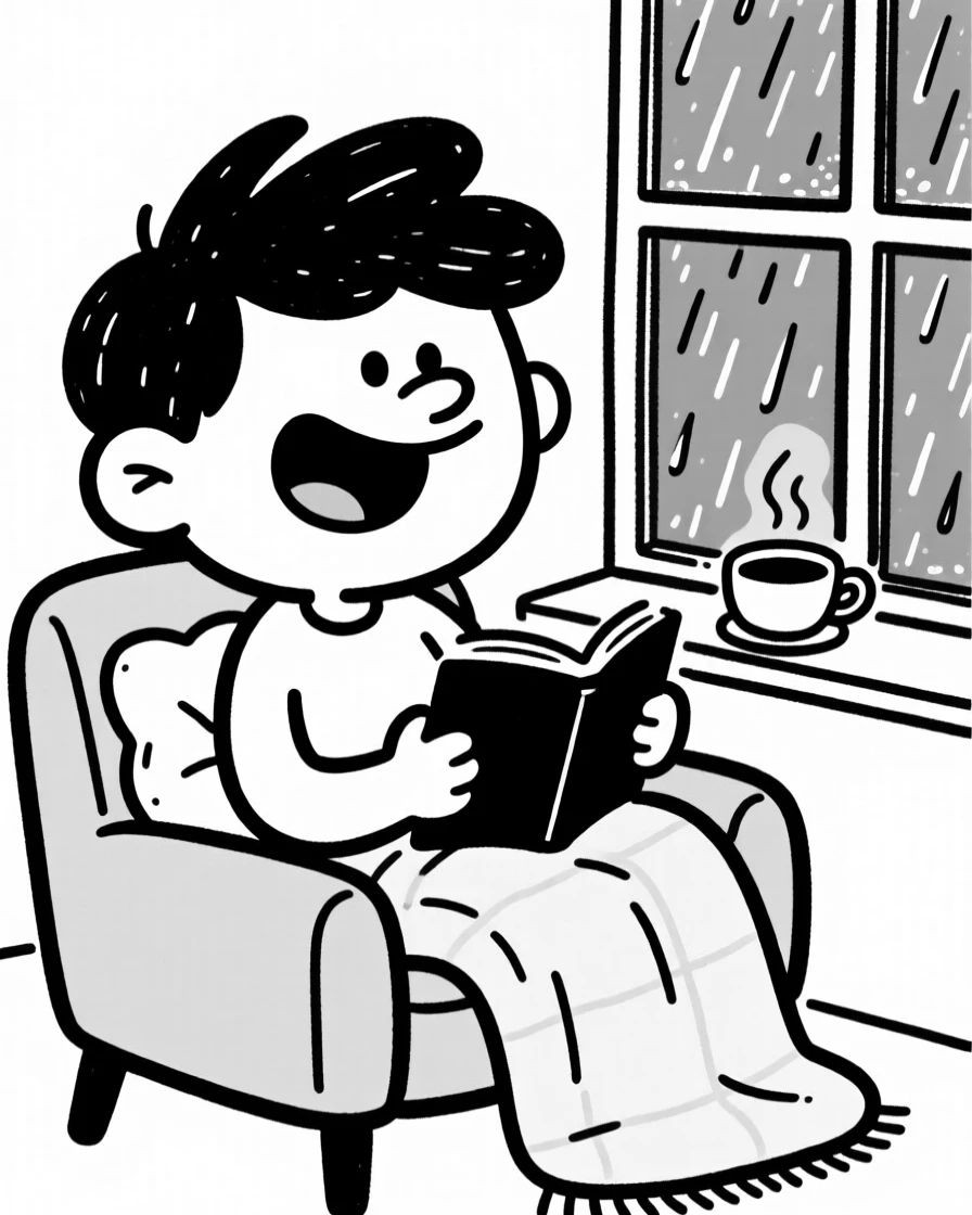 A cozy reading nook by a rain-streaked window with a cup of tea and a soft blanket.