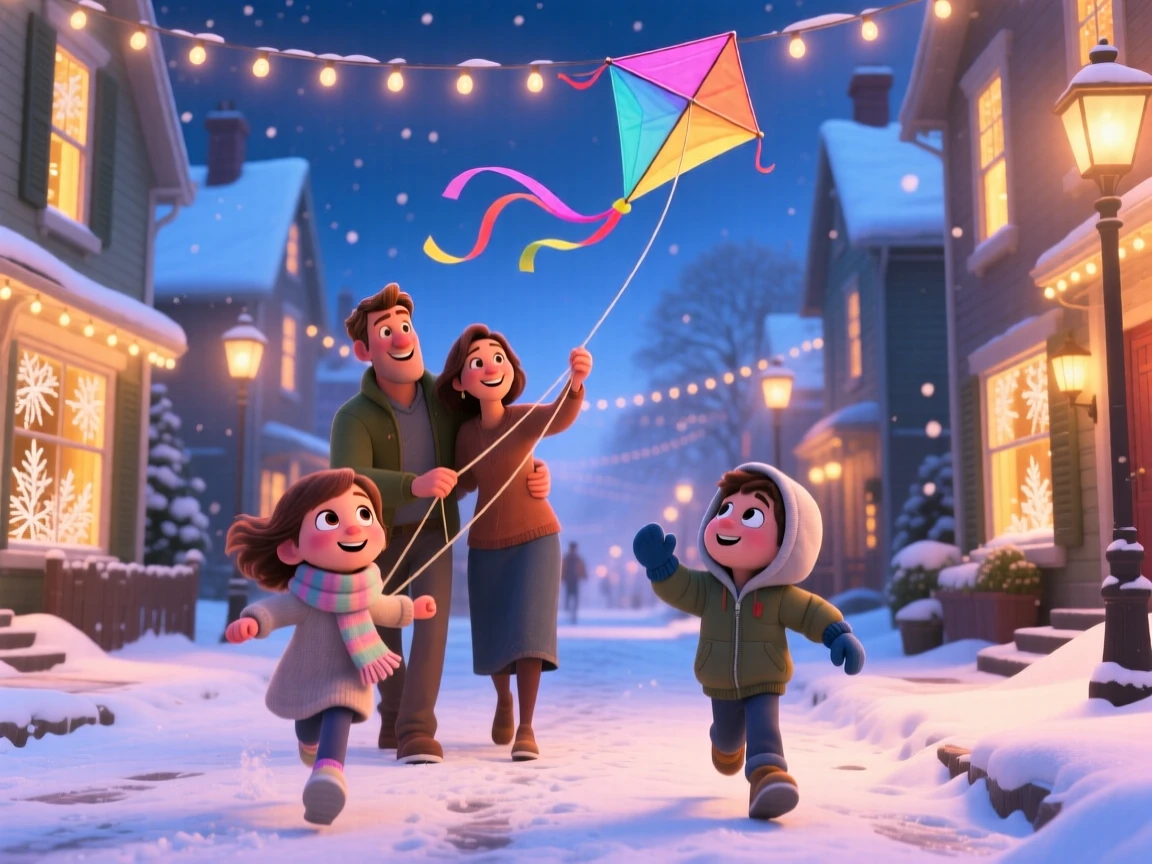 A family flying kites at a spring festival happens on a snowy street lined with glowing windows, with warm string lights glowing overhead. A cozy, cheerful spirit radiates through the moment.