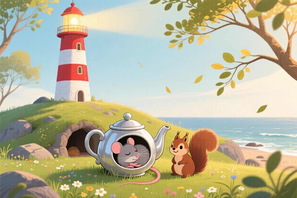 Near a striped lighthouse, a tiny field mouse is curling up inside a teapot alongside a small woodland friend, with a warm breeze rustling the branches.