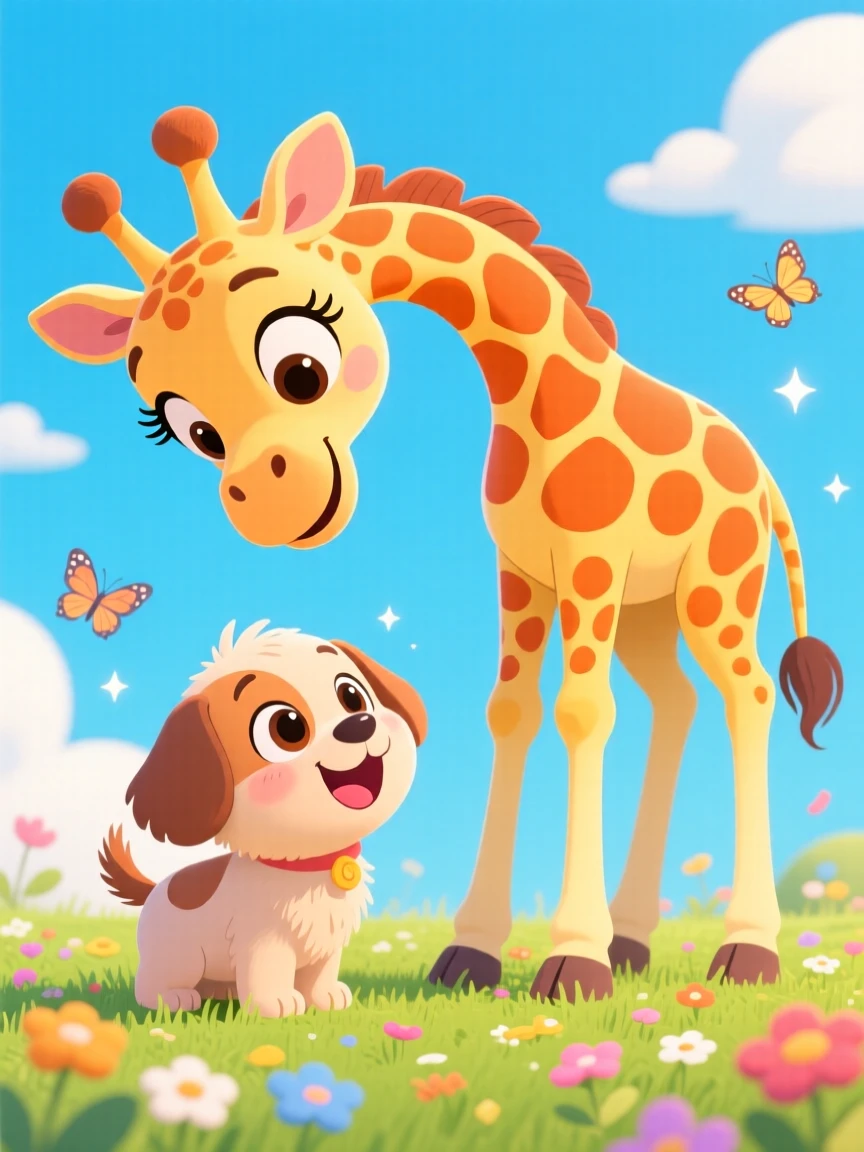 A baby giraffe bending down to greet a small dog.