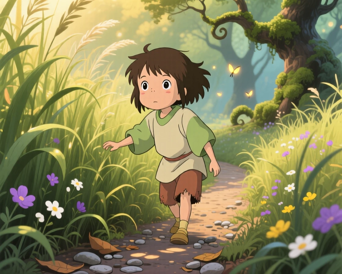 A child discovering a hidden path through tall grass, the moment bright with youthful wonder.