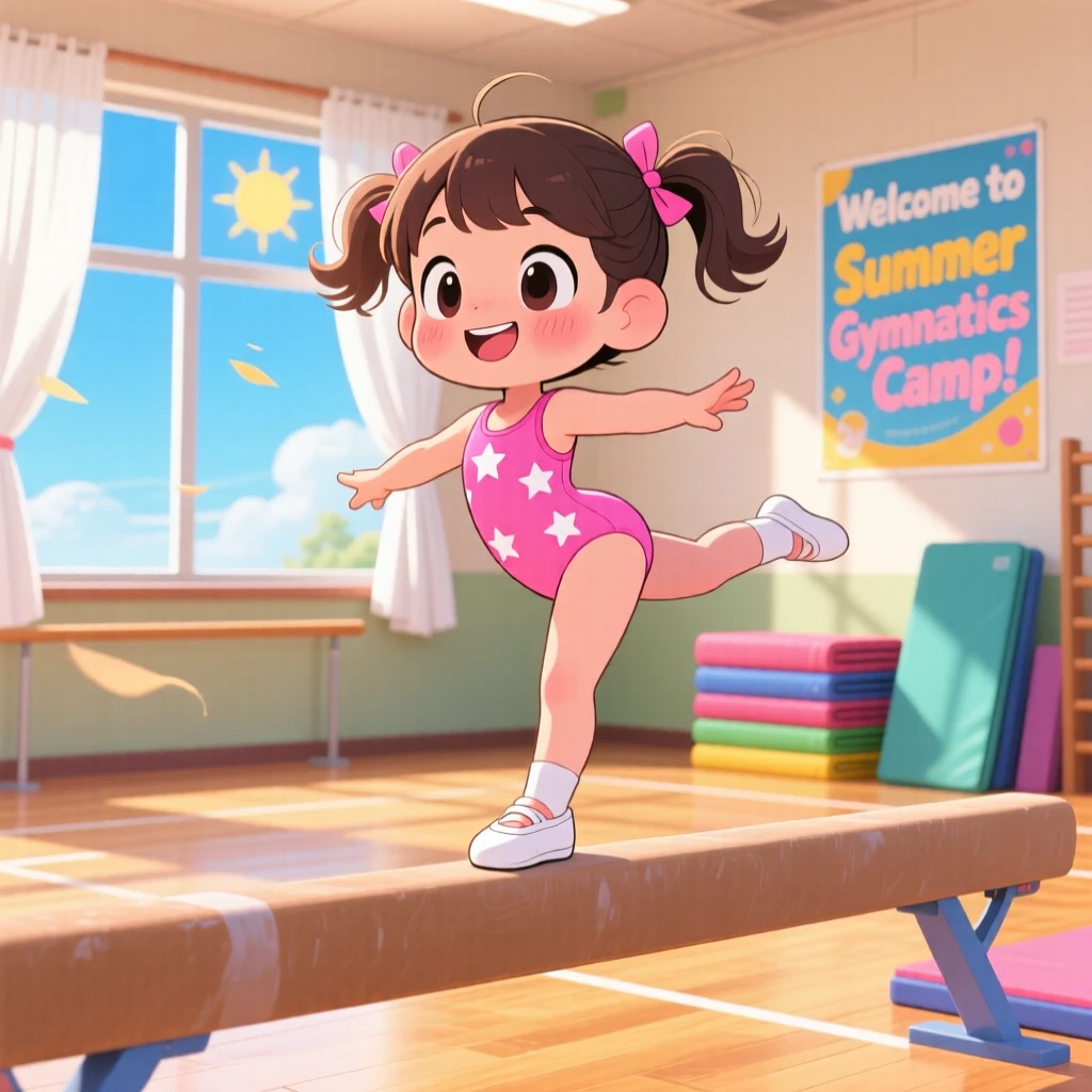 Three-quarter view: a young gymnast, balancing on a low wooden beam, set against a bright gymnasium during a light summer breeze, with bright midday sun and a mood of bubbly enthusiasm.