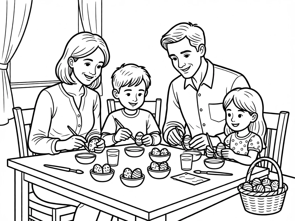 A family decorating Easter eggs together at the table