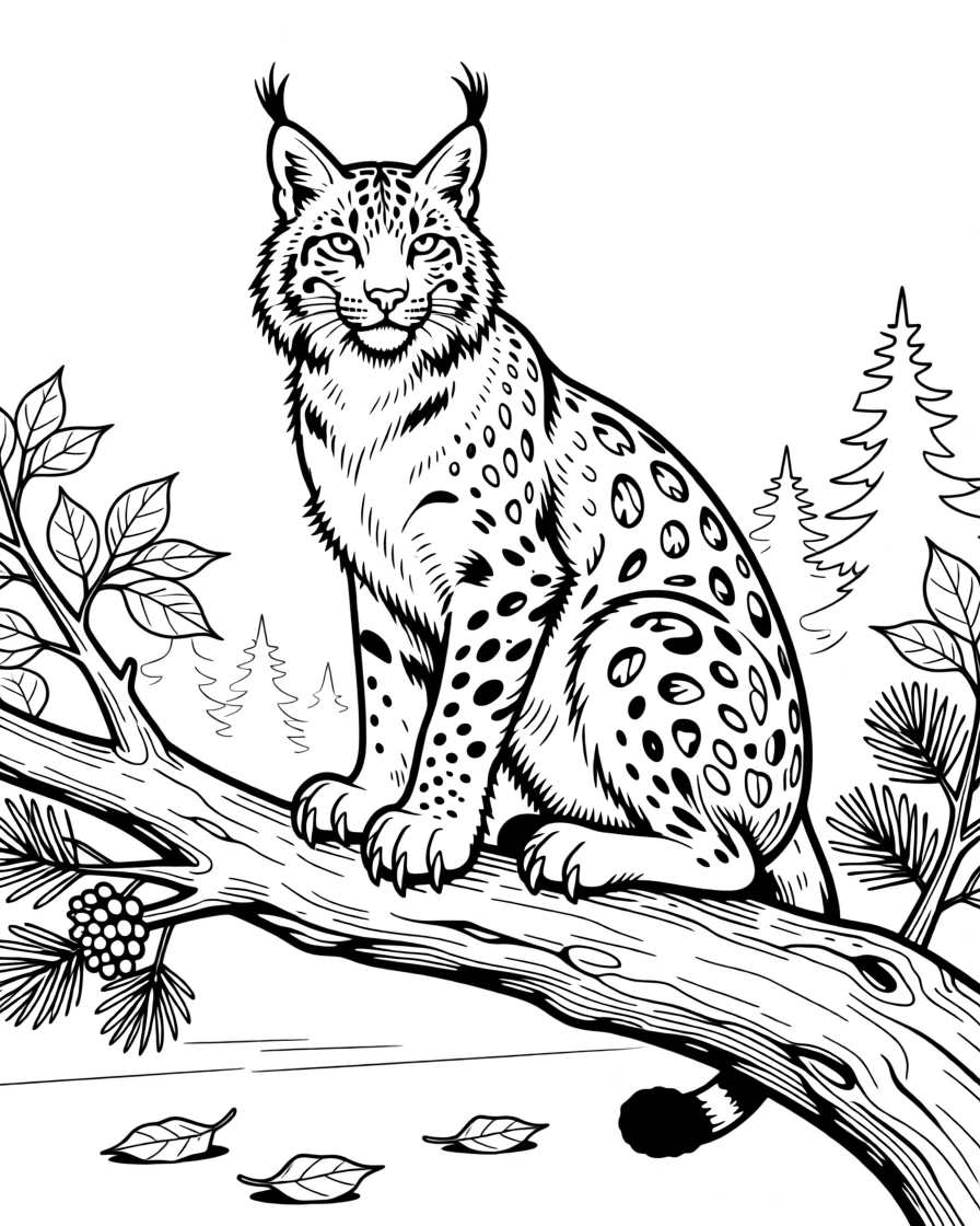 A lynx sitting on a weathered tree branch, with claws gripping the bark tightly.
