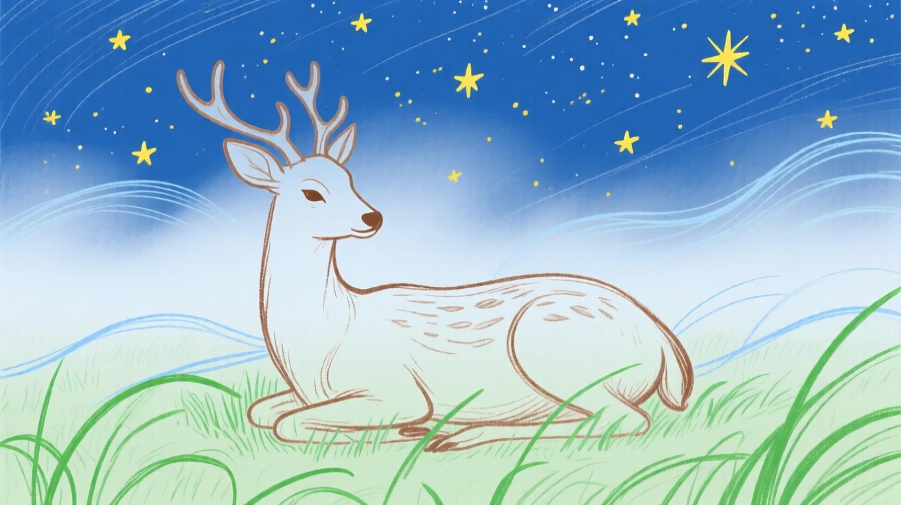 A gentle deer resting in a misty morning field under a clear starry sky.