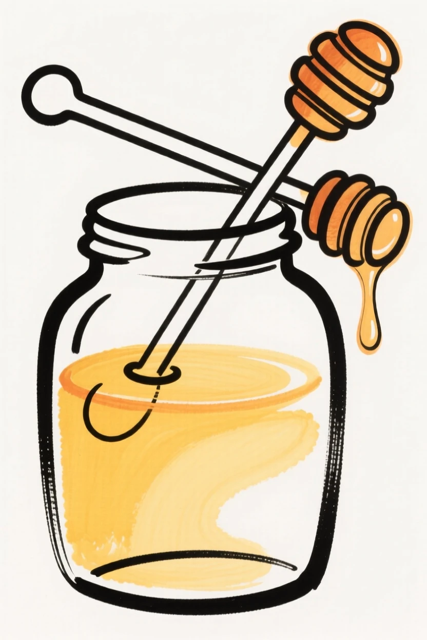 A jar of honey with a dipper
