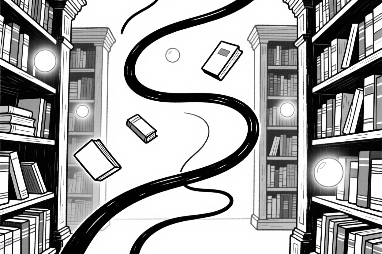 A magical library with floating books and glowing orbs of light drifting between shelves.