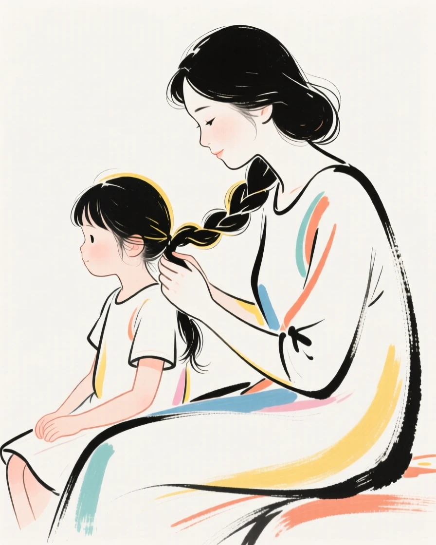 A mother braiding her daughter's hair on a sunny morning.
