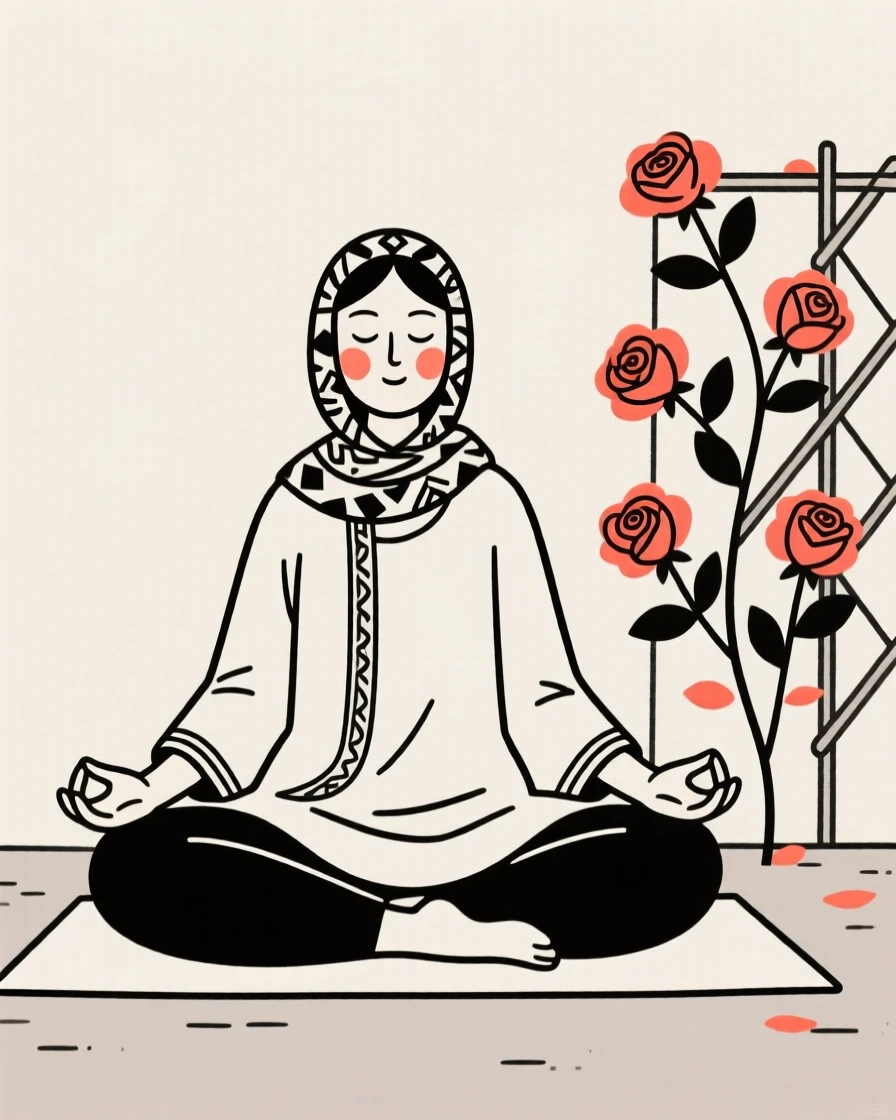 A yoga of turkish heritage instructor in meditation pose, lost in quiet contemplation, beside a blooming rose trellis.