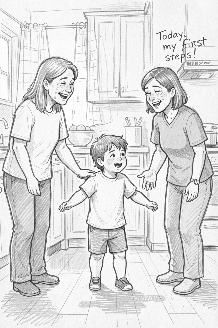 An emotional scene of parents watching their child take first steps in a cozy kitchen, marked by tears of happiness.