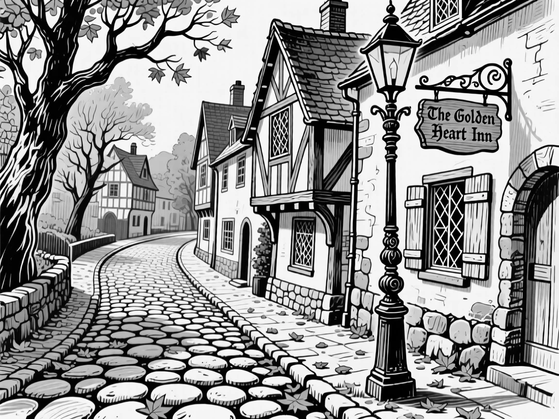 The winding cobblestone streets of a medieval European village in autumn.
