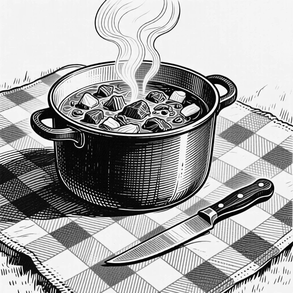 A steaming pot of hearty stew resting on a checkered picnic blanket, with a knife resting beside it, presented in an elegant and inviting culinary still life.