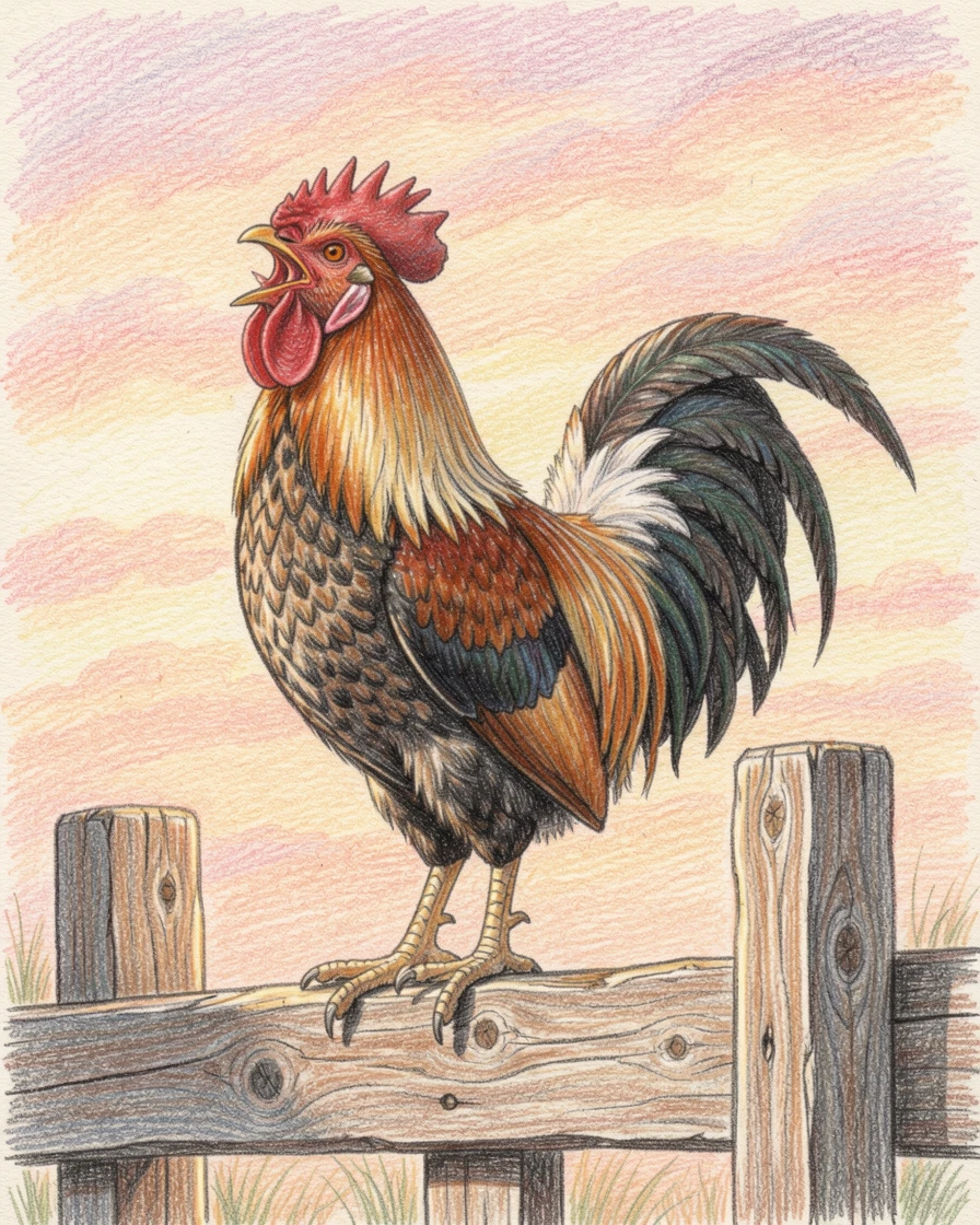 A rooster crowing atop a rustic wooden fence at sunrise, with delicate details that reward a closer look, full of charm, emotion, and visual delight.
