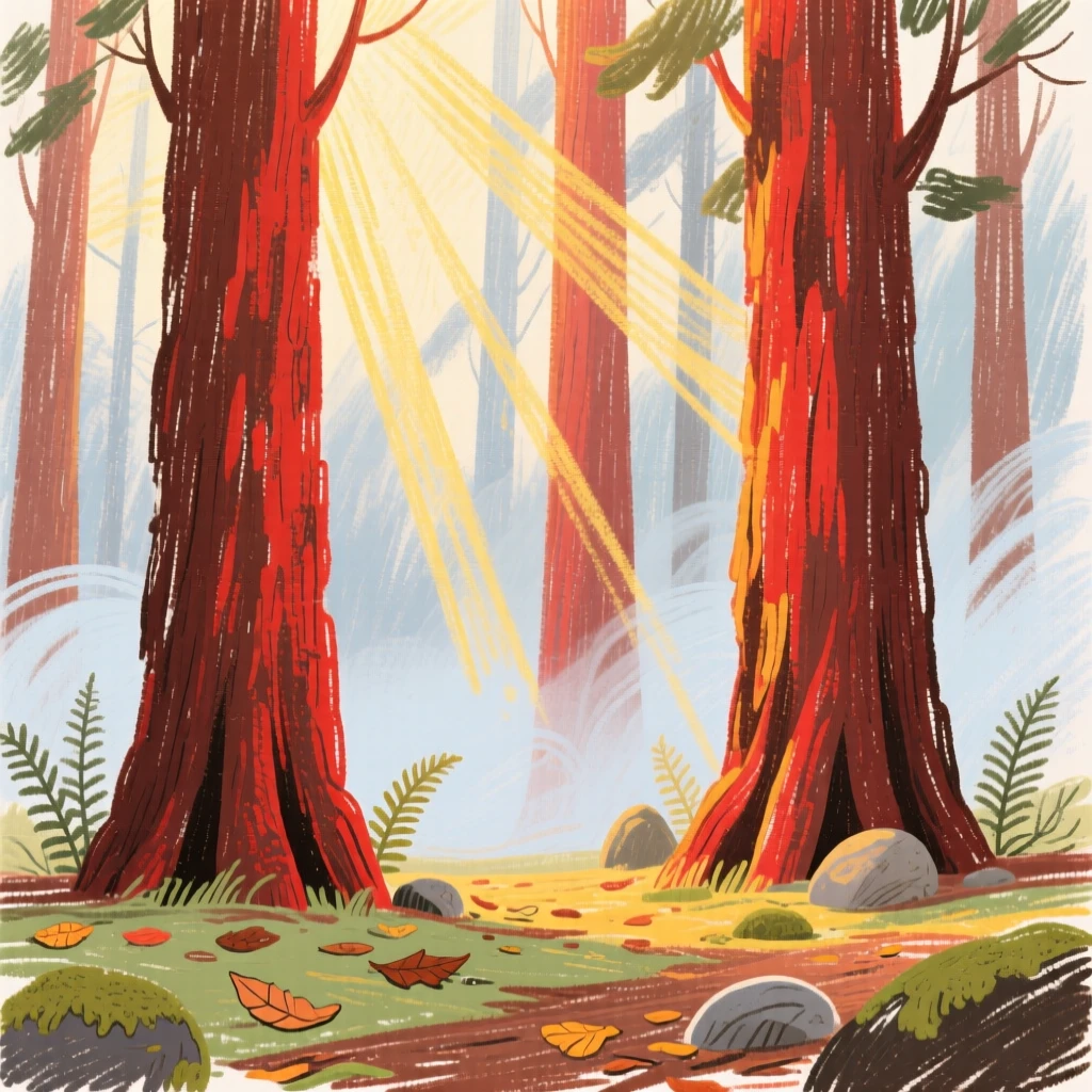Sunlight filtering through tall redwood trees in a misty forest.
