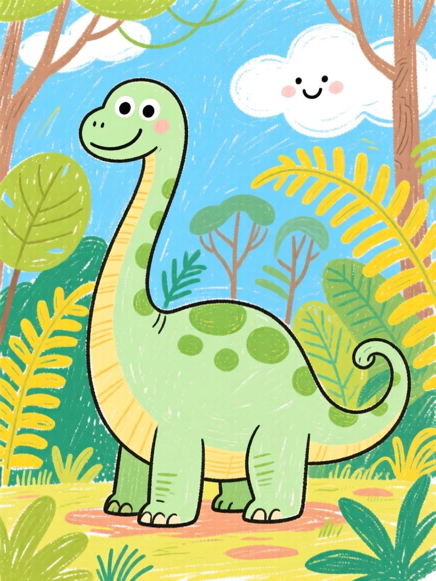 A gentle long-necked brontosaurus in a prehistoric jungle filled with giant ferns.