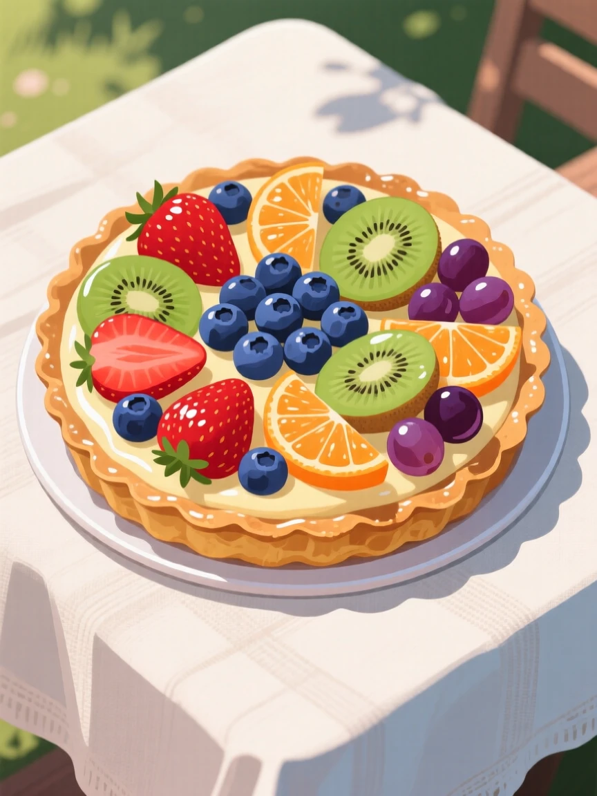 A colorful fruit tart with a glossy glazed finish, arranged on a linen tablecloth outdoors, arranged in an appetizing overhead flat lay, with glossy highlights that make the dish look freshly made.