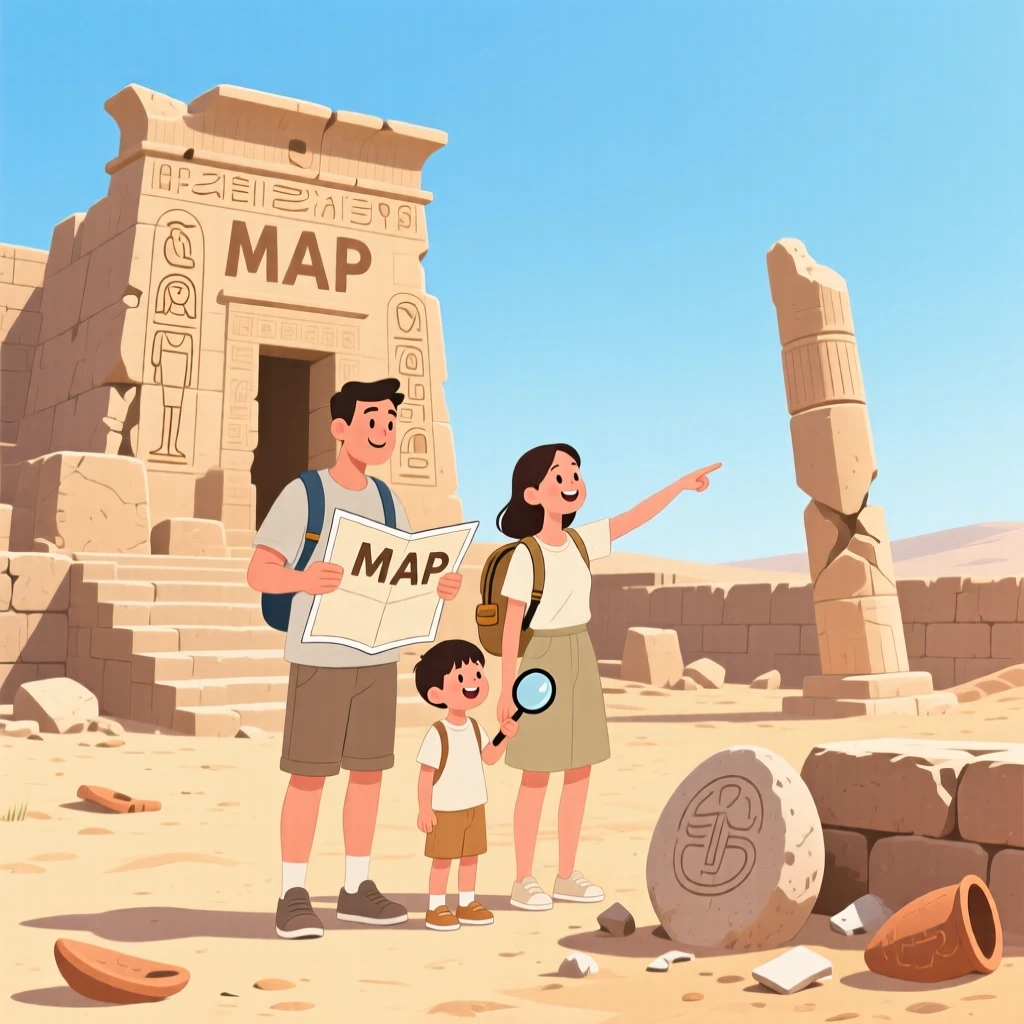 A family exploring ancient ruins on a sunny archaeological site.