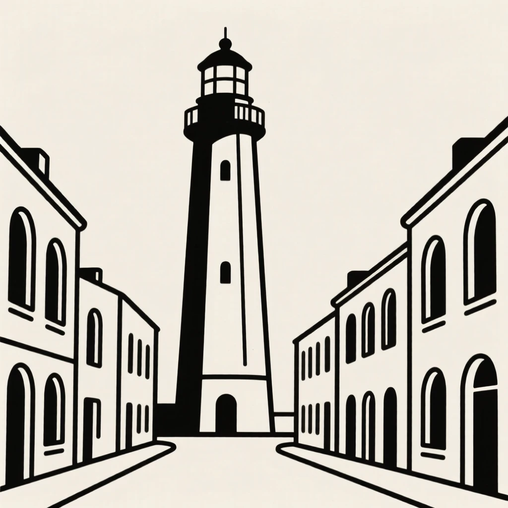 A lighthouse tower, striking and prominent, stands in a historic old town, surrounded by rows of arched windows, expressing historic charm.