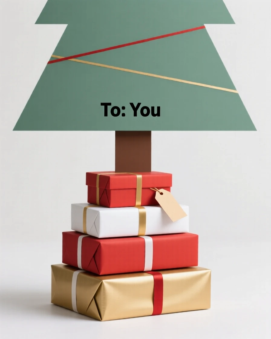 A stack of wrapped gifts under a tree