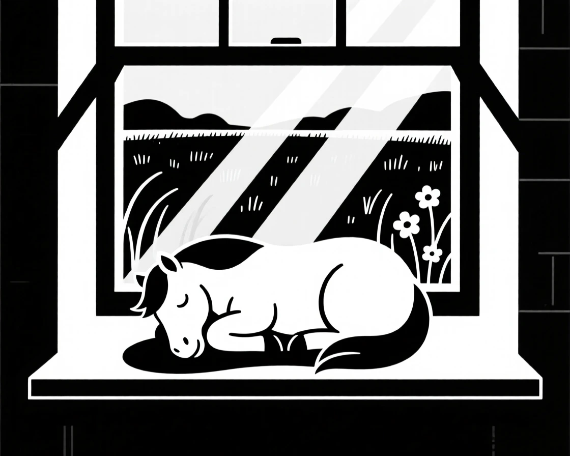 A pony in a meadow napping on a sunny windowsill.