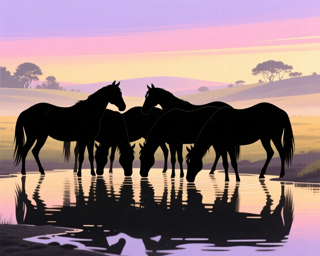 A herd of wild horses drinking together at a quiet watering hole.
