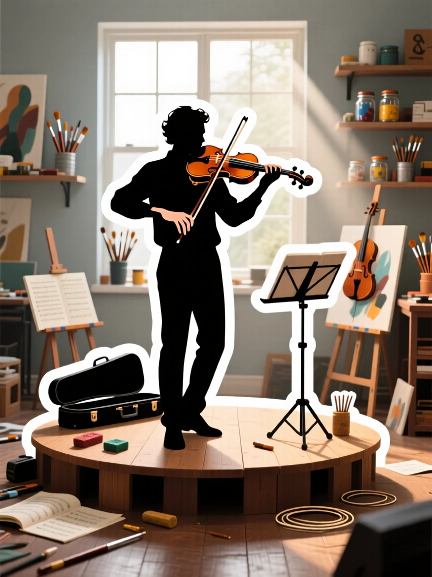 A determined and skilled violinist performing on a small stage, with tools and supplies scattered nearby, in a sunlit studio filled with supplies.
