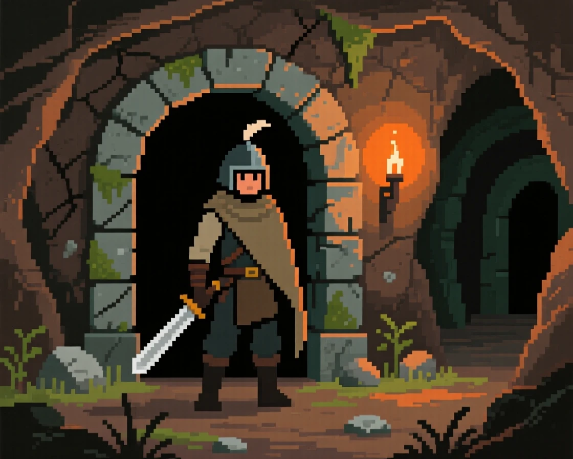 A dungeon explorer standing before the entrance to a hidden dungeon, within a sprawling underground dungeon.
