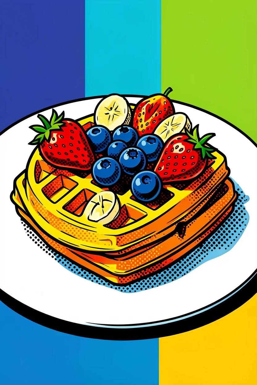 A plate of late-day Belgian waffles topped with fresh fruit