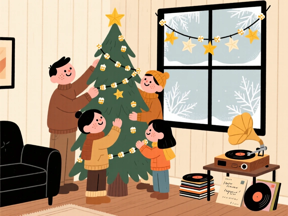A family decorates a tall pine tree with strings of popcorn and paper stars while an old holiday record plays softly and frost coats the glass outside the window.