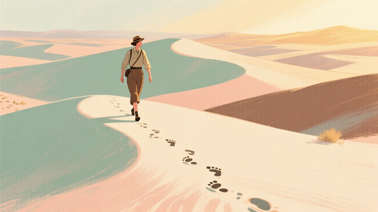 An explorer following a trail of footprints across fresh desert sand