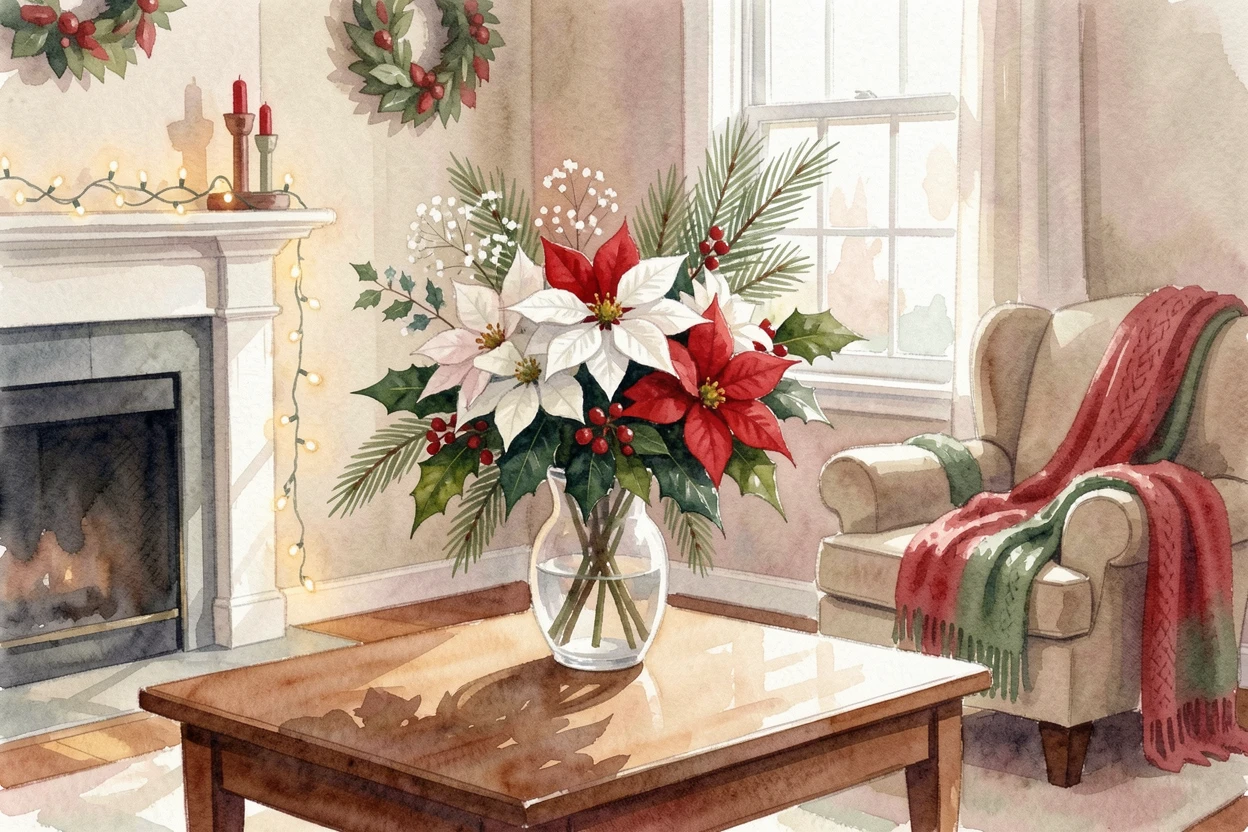 A living room decorated for the holidays with a vase of fresh flowers on the table.