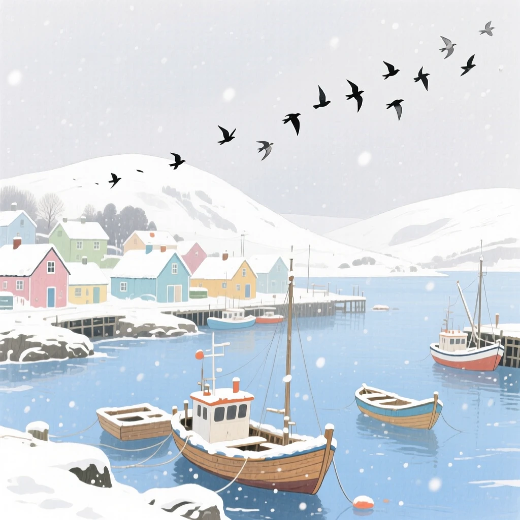 A breathtaking view of a coastal fishing village during a gentle snowfall, where a flock of birds crosses the sky
