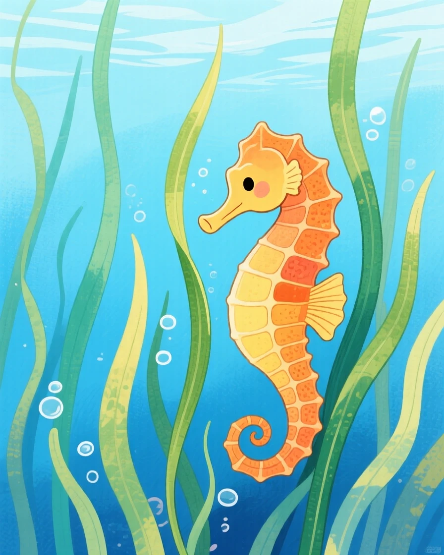 A vivid scene of a seahorse resting among swaying sea grass.