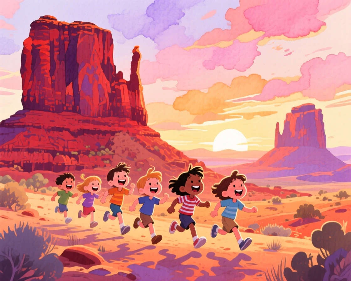 Children run laughing through the scene amid the towering red rock formations of Sedona at sunset, inspiring a dream of far-off horizons.