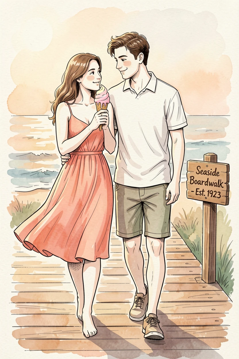 A couple sharing an ice cream cone while strolling along a boardwalk, warm colors and soft shadows completing the scene.