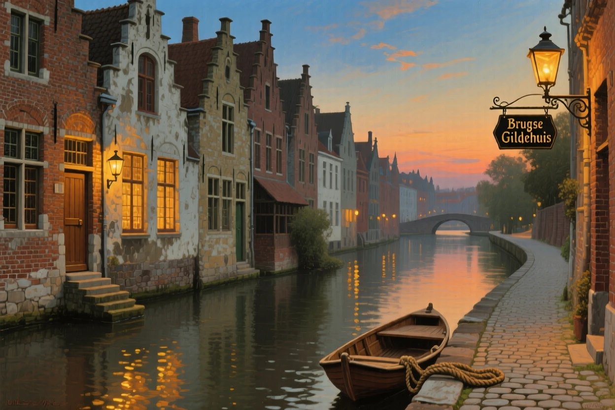 The historic canals of Bruges lined with medieval guild houses, with warm lantern or window light glowing throughout the scene, offering a striking, postcard-worthy view of an iconic destination