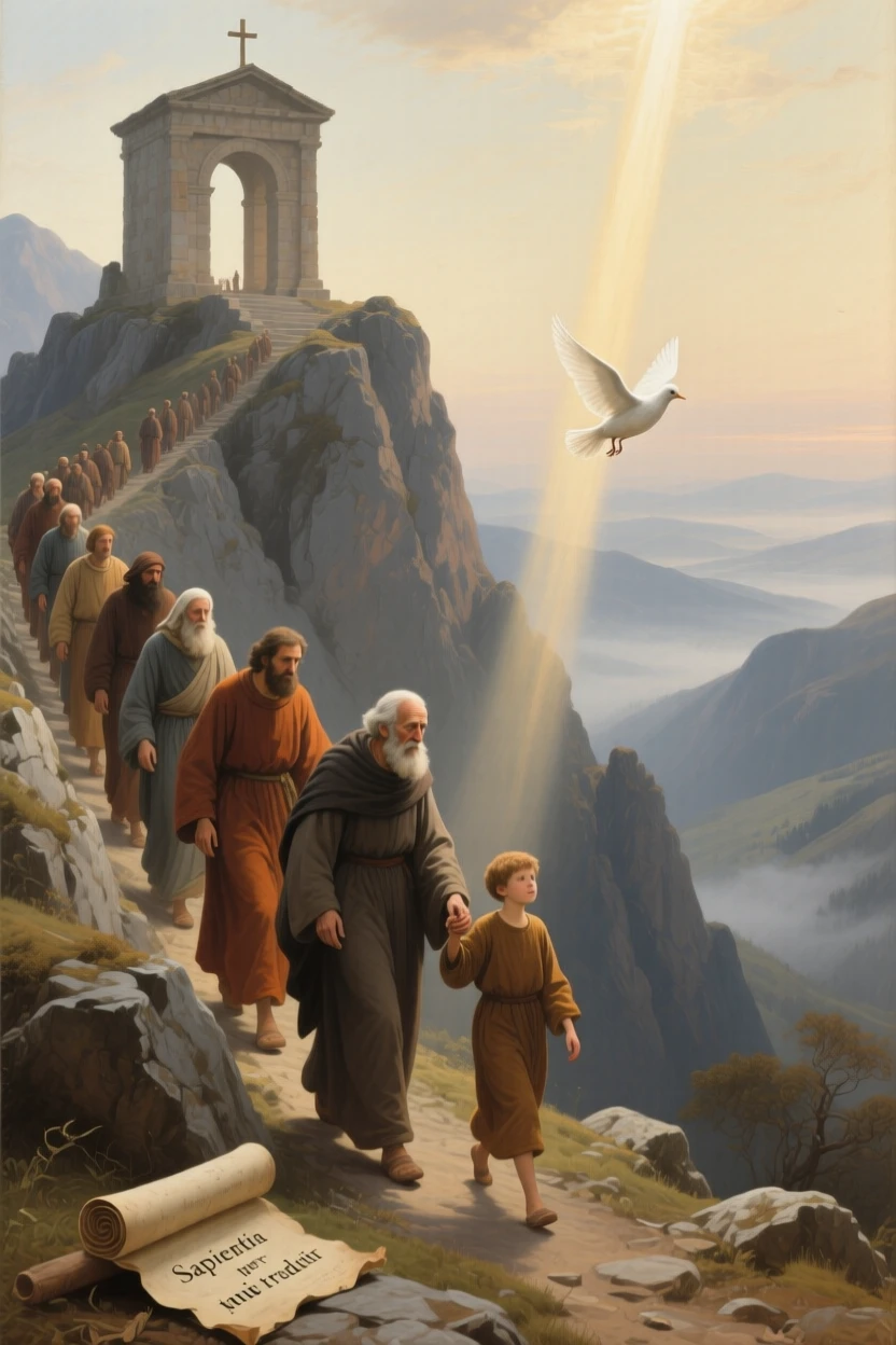 Pilgrims crossing a perilous mountain pass toward a distant shrine as ancient wisdom passes gently to the next generation, set atop a remote mountain overlooking an endless valley, with a single dove or beam of light marking the sacred moment; vertical light from above draws the eye toward transcendence, capturing a timeless moment of grace and gratitude.