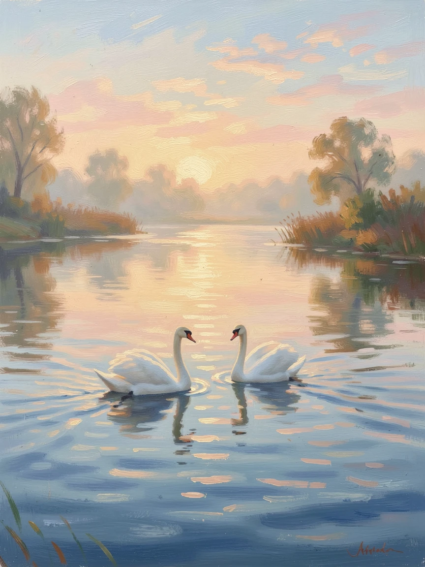 A pair of swans gliding across a still lake at dawn, ripples trailing gently behind them, at golden sunrise.
