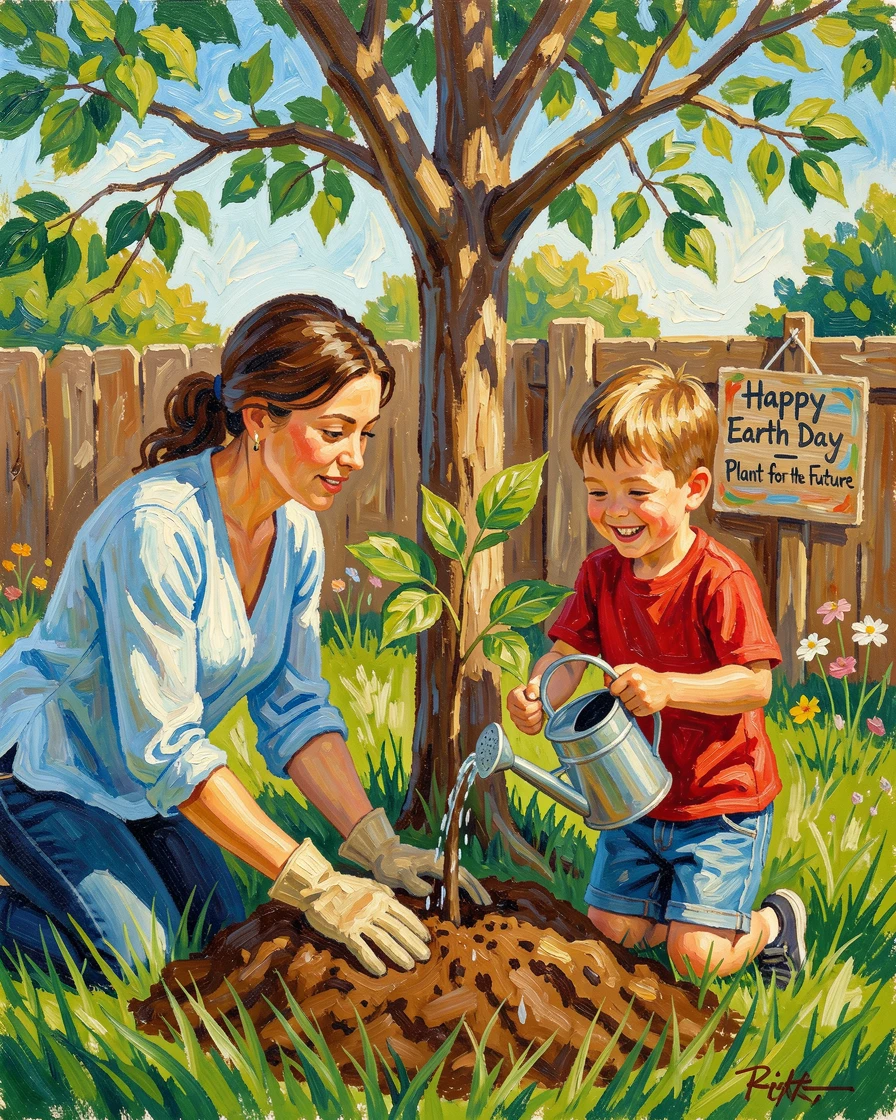 A mother and son planting a tree together in their backyard on Earth Day.