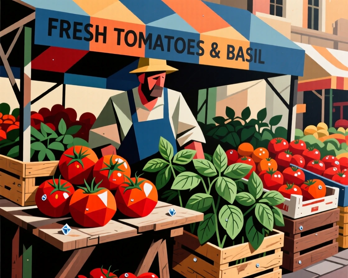 A farmer's market stall overflowing with ripe tomatoes and fresh basil.