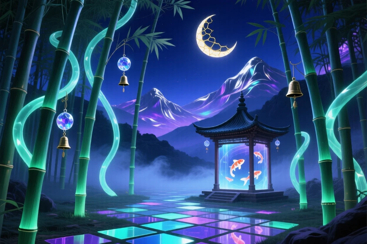 A bamboo forest whose stalks chime softly like wind bells glows softly from within as night settles over it, while distant mountains seem to shimmer like a mirage.