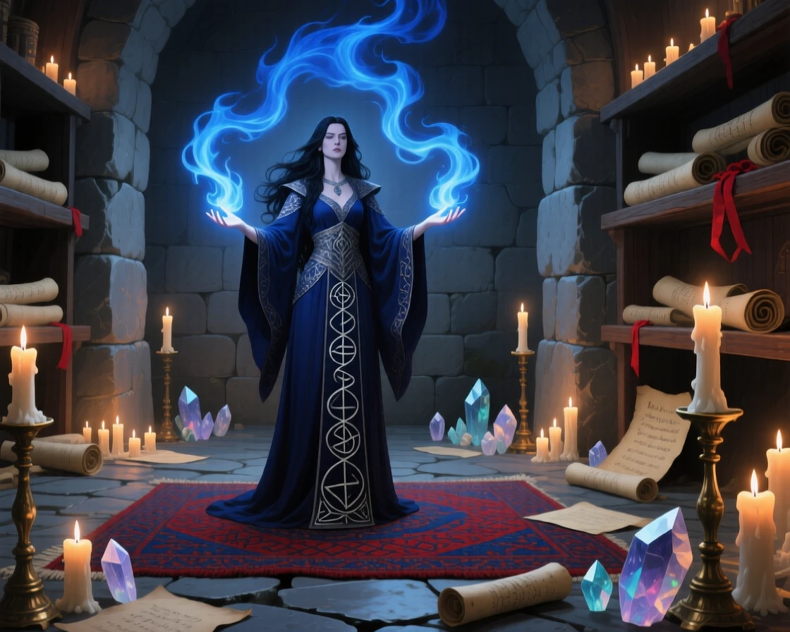 A powerful sorceress conjures swirling blue flames in her open palms within a candlelit stone chamber lined with ancient scrolls and crystals, the atmosphere charged with a sense of quiet wonder and untold history.